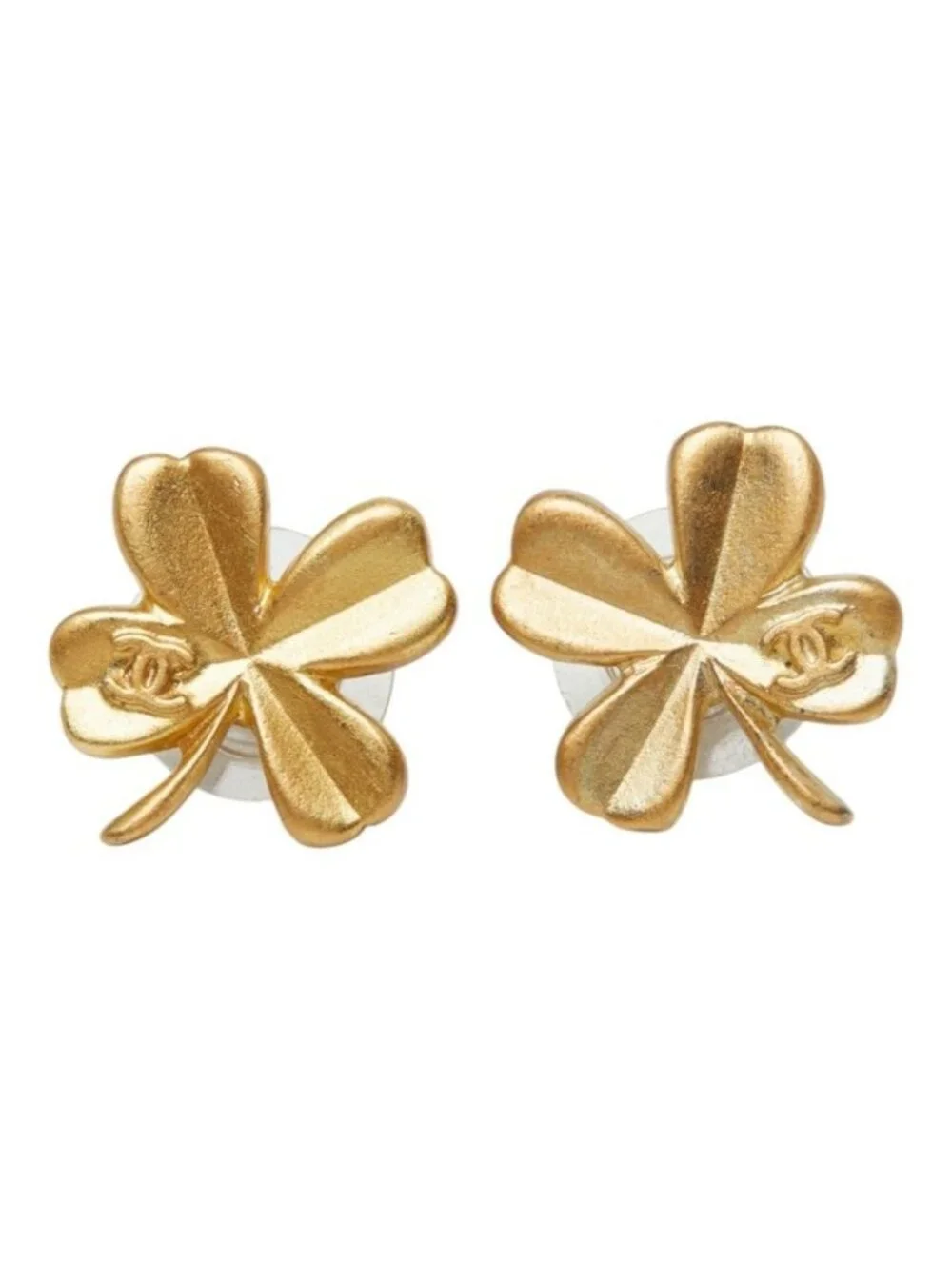 Chanel CC Logo Clover Stud Earrings Gold Plated